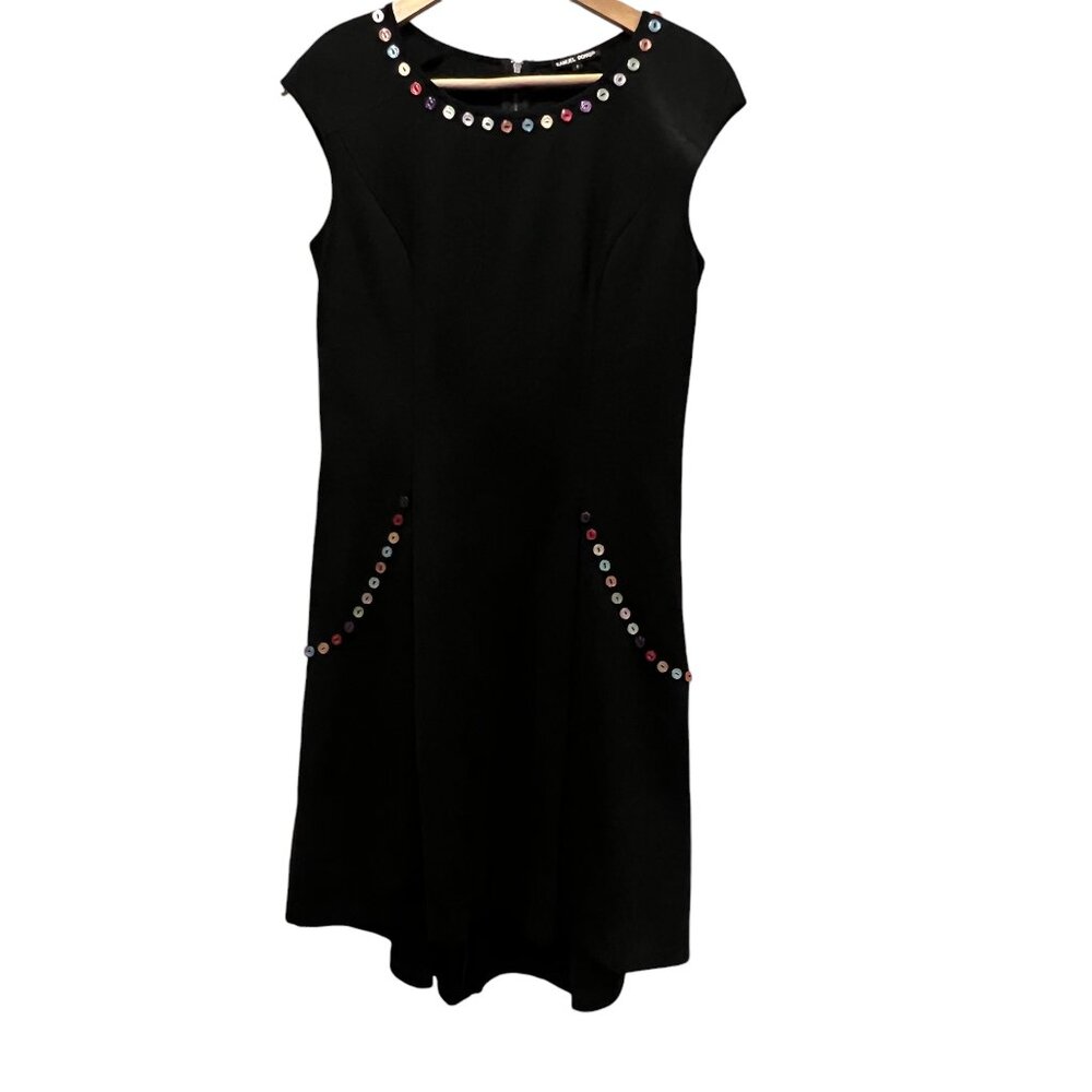 Samuel Dong Fit & Flare Black Cap Sleeve Dress, Button Detail, S